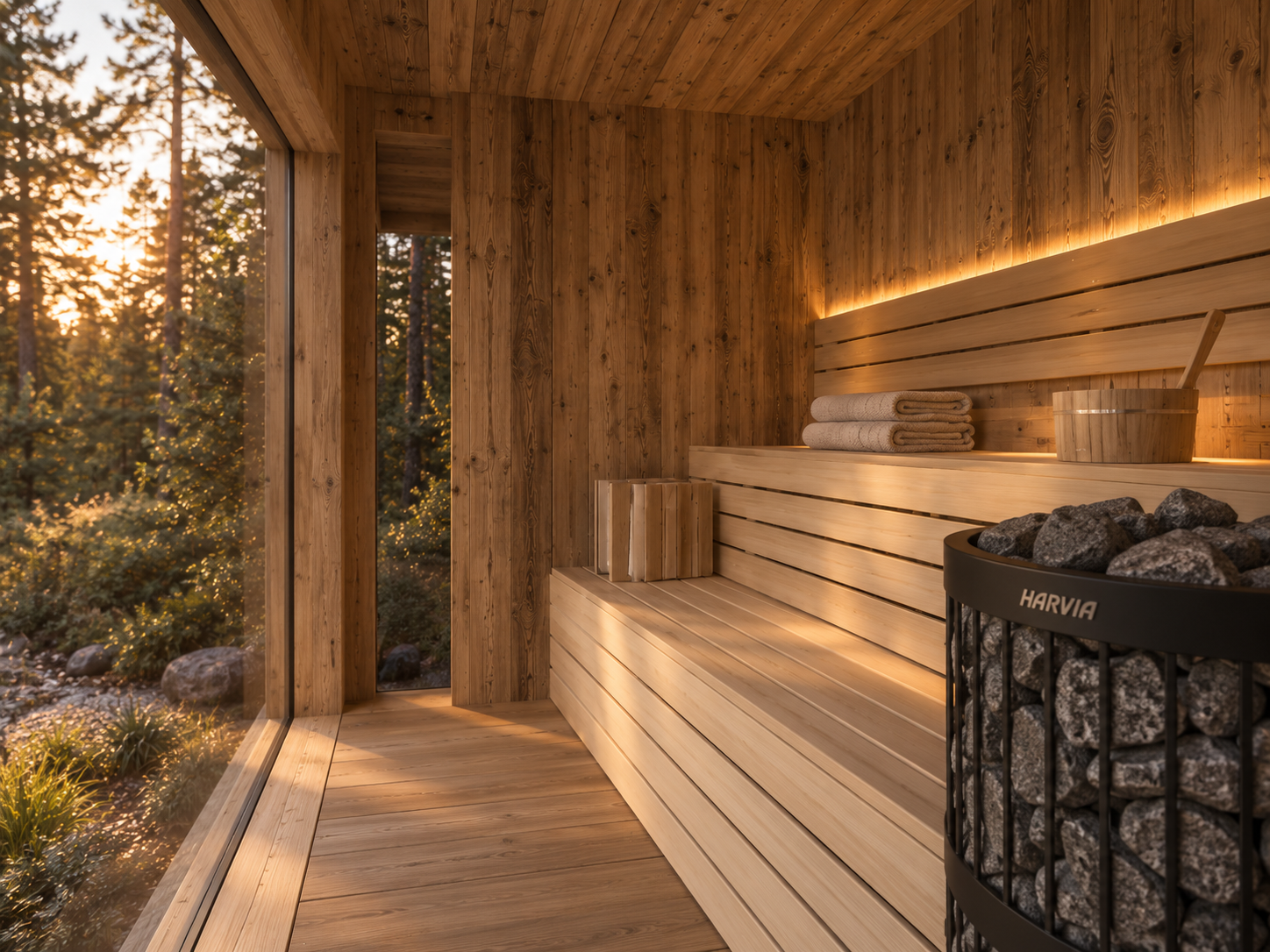 Prywatna drewniana sauna z widokiem na las