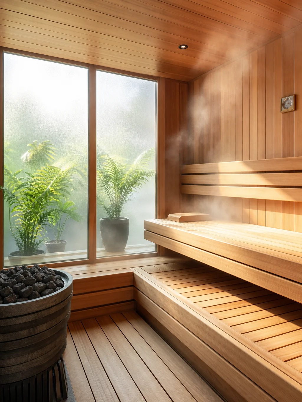 Prywatna sauna wykończona naturalnym drewnem z ciepłym podświetleniem