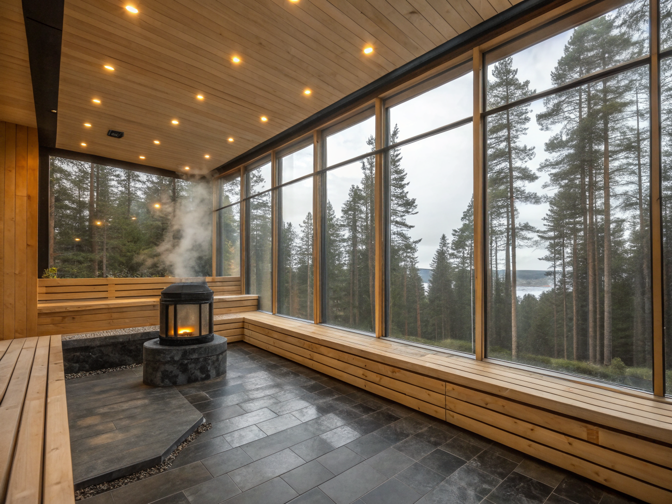 Prywatna drewniana sauna z widokiem na las