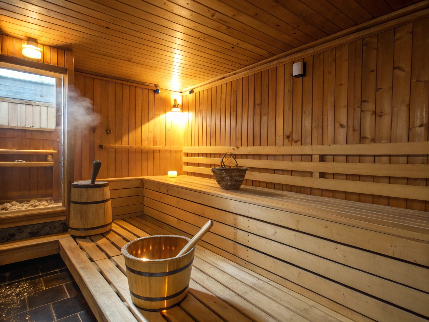 Prywatna sauna z drewna cedrowego o ciepłym bursztynowym blasku